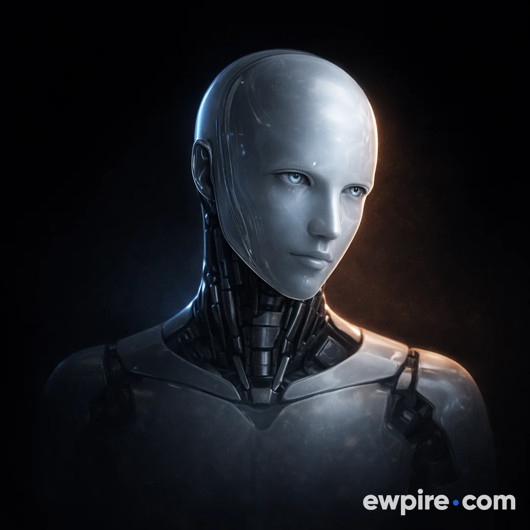 3D brand robot AI employee in contemplative portrait pose against dark background – ewpire